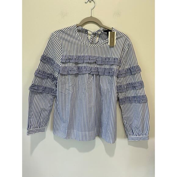 J. Crew Tops - J, Crew NWT blouse size 6 blue white striped cotton ruffles tie